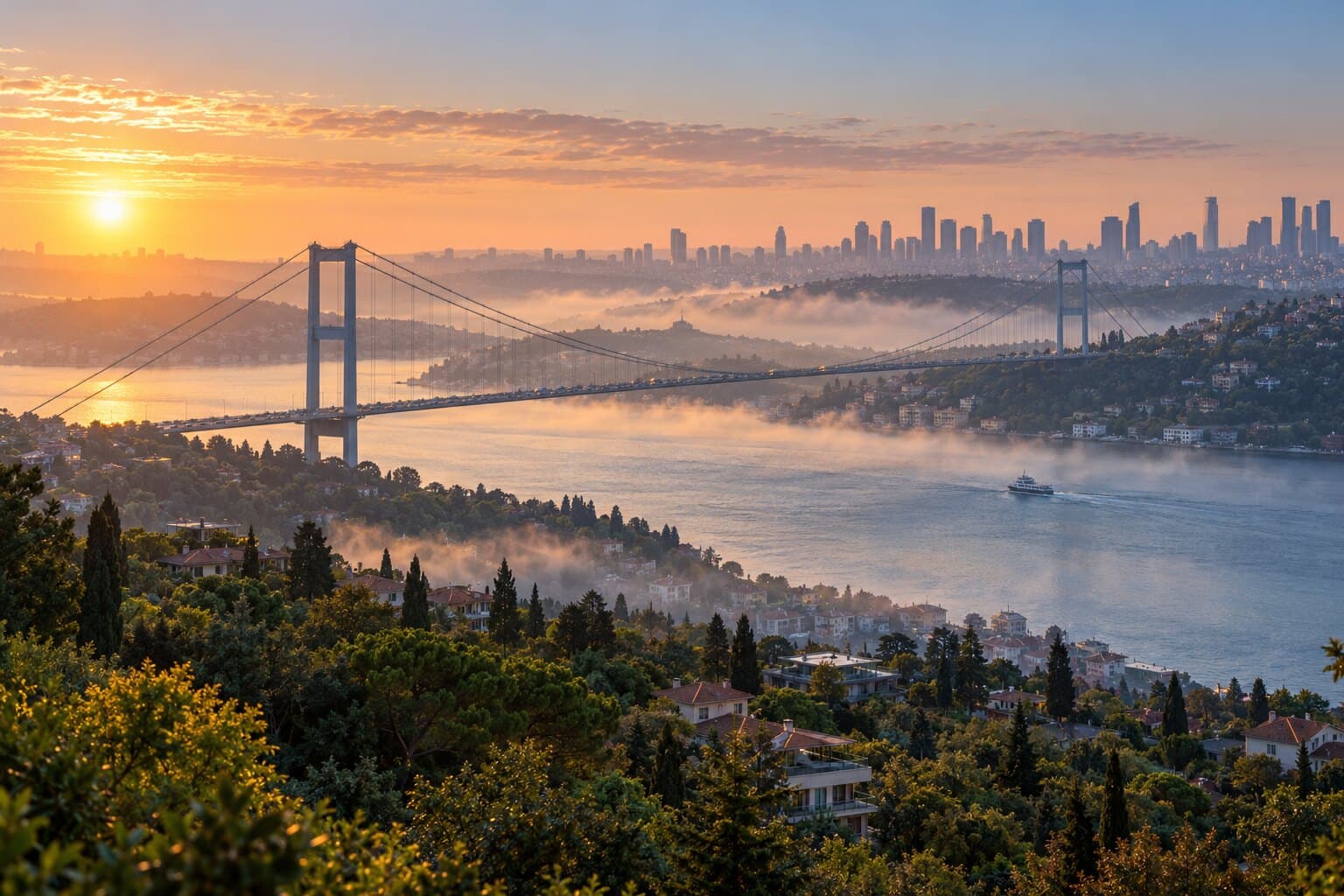 Kavacık sırtlarından şafakta Boğaz ve Fatih Sultan Mehmet Köprüsü (temsili görsel)