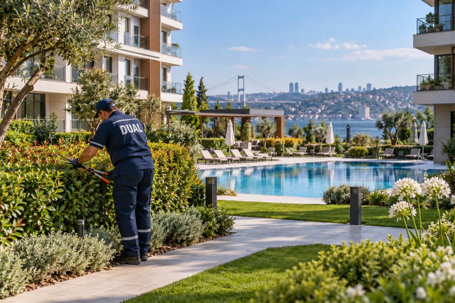 Boğaz manzaralı bir rezidans bahçesinde çitleri budayan bahçıvan (temsili görsel)